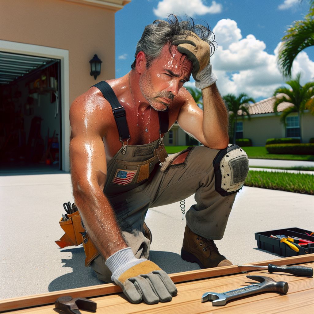 man repairing garage door in hot day in florida