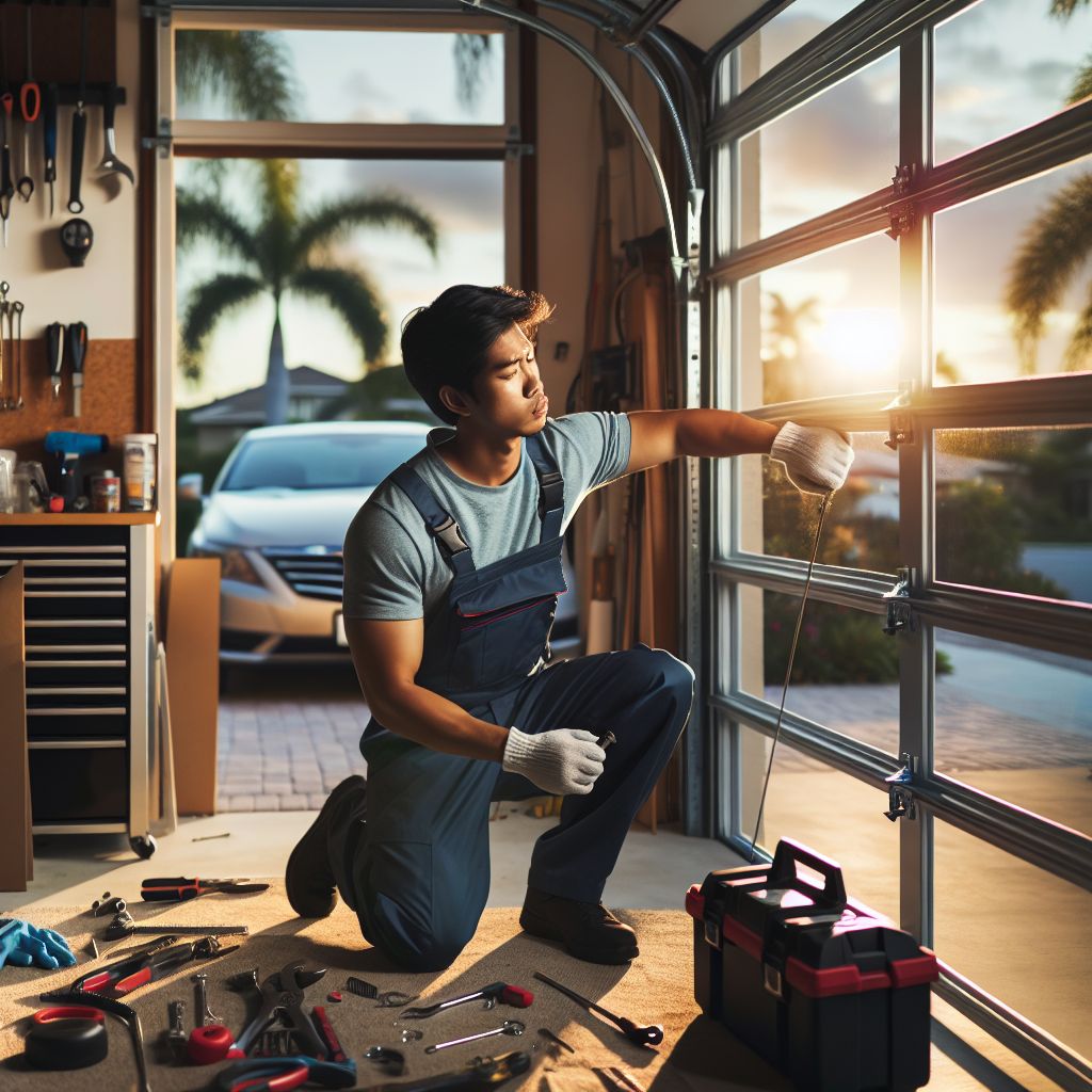 man repairs broken garage door in florida