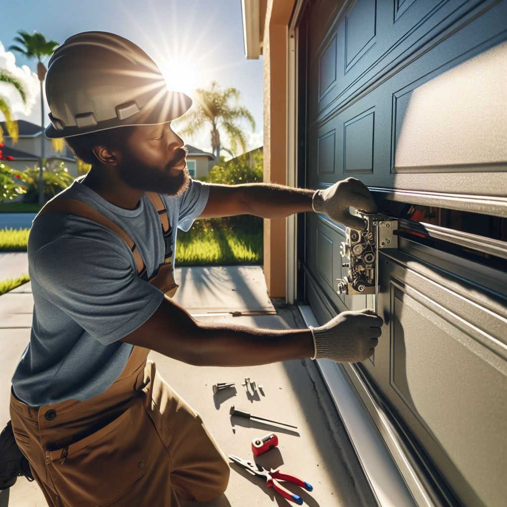 garage door repairman is working on hot day