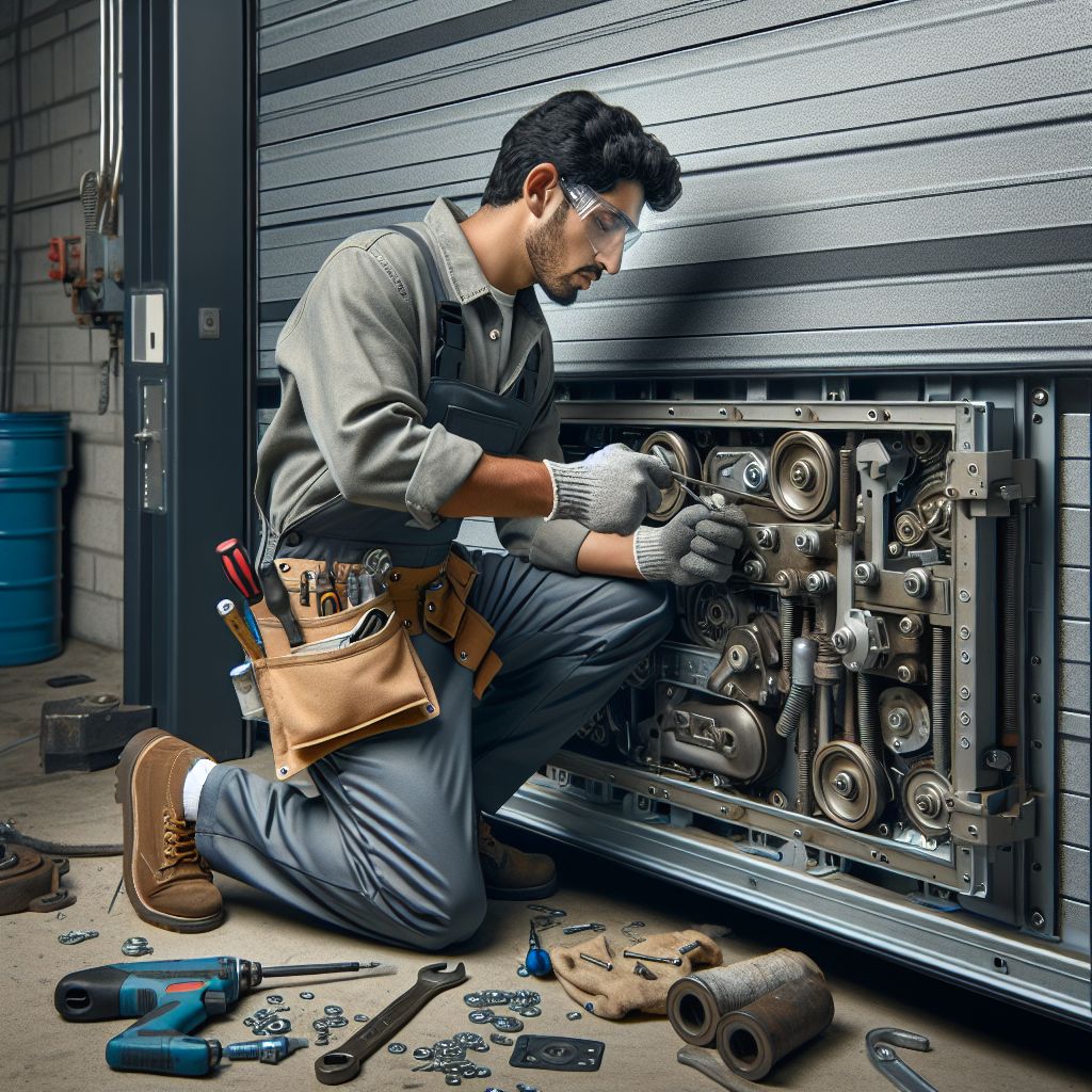 man is repairing commercial garage door