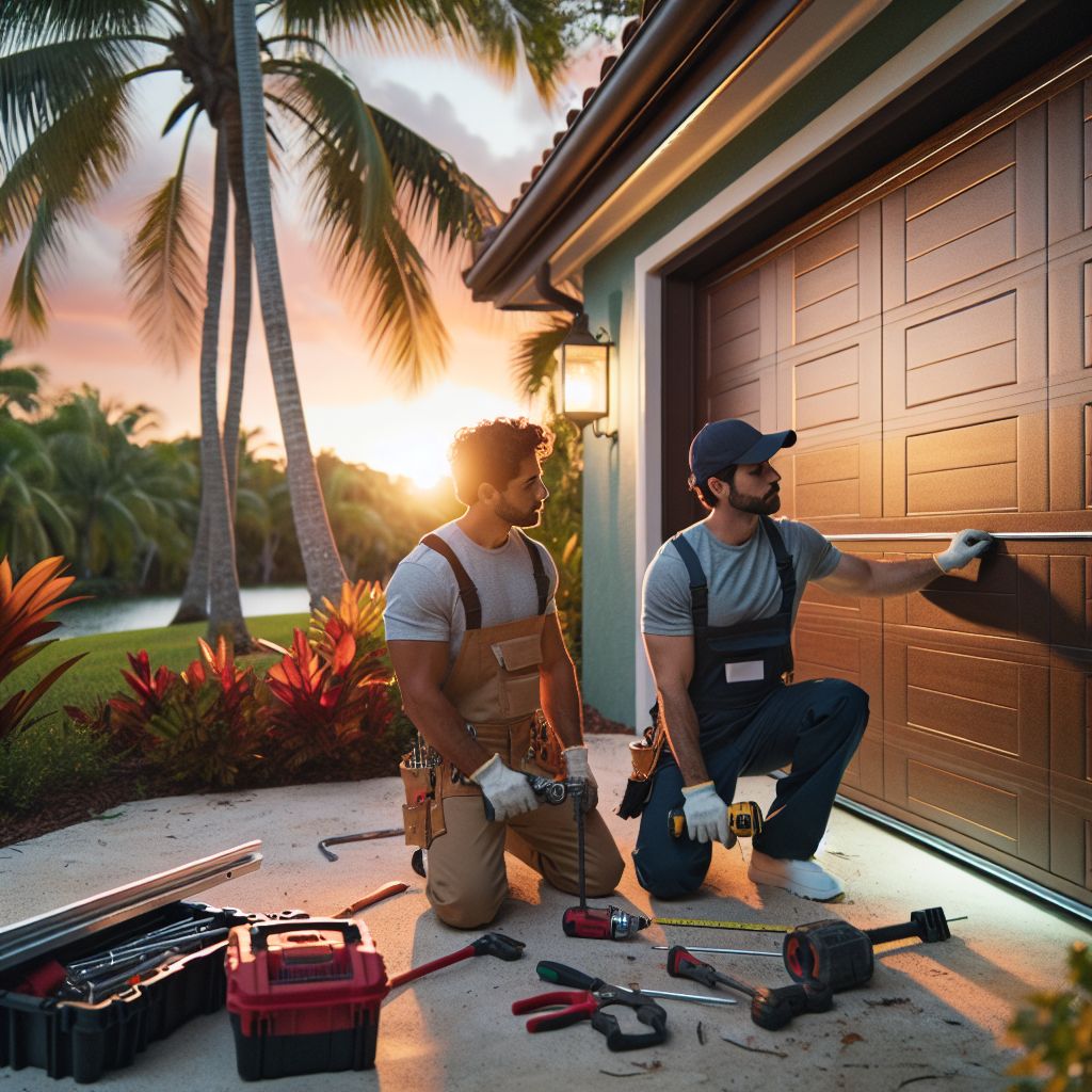 garage door repair in tampa fl by two men in the evening