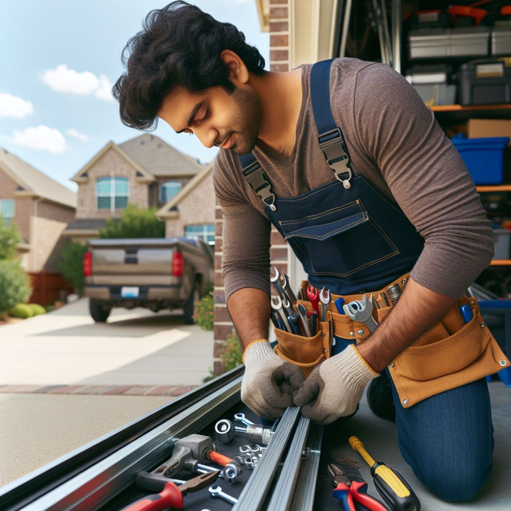 man is repairing broken truck from garage gate