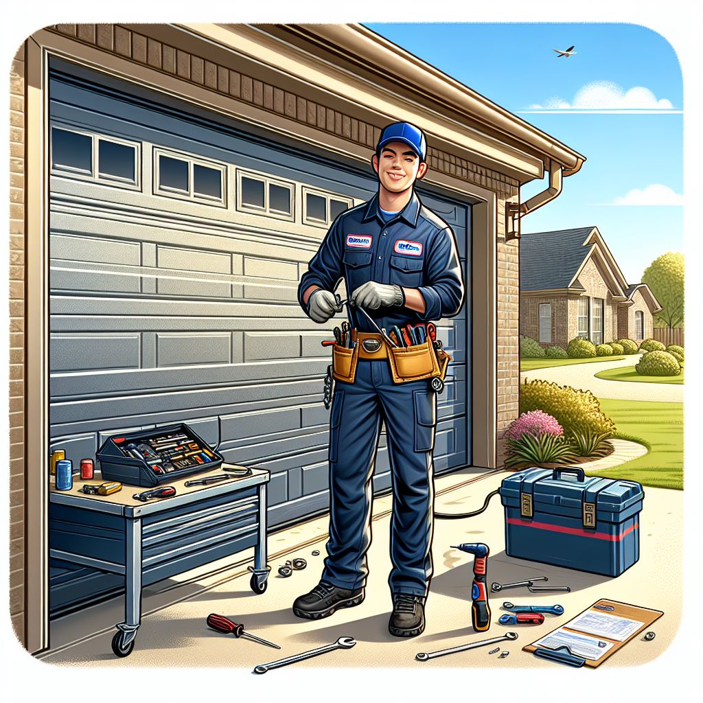 professional garage door repairman is fixing the broken garage door in Plano