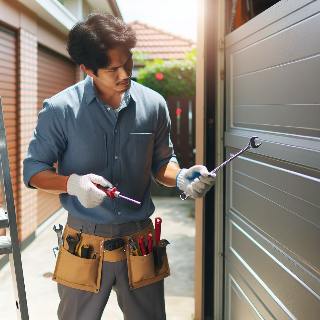 garage door repairman is fixing the gate