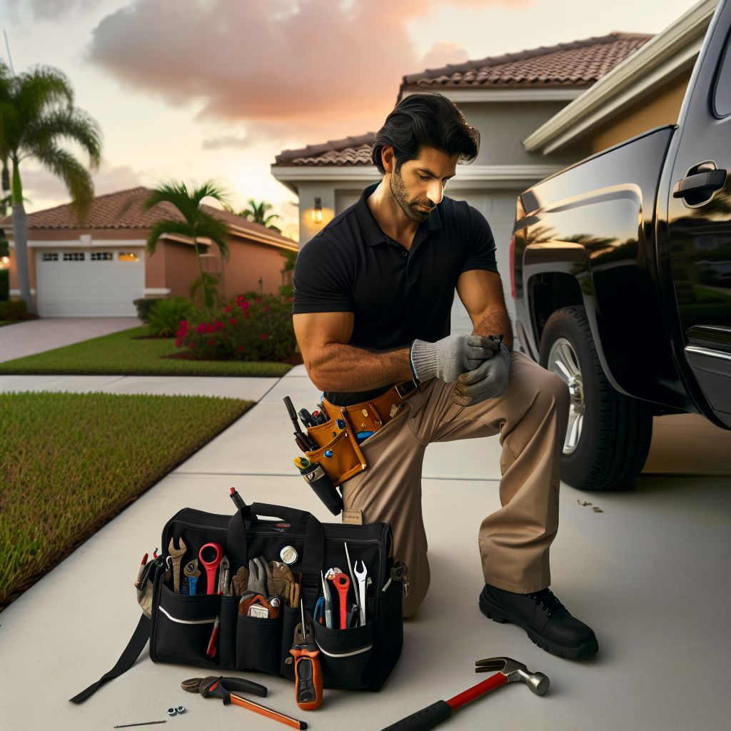 garage door specialist at work repairing the residential gate in the evening